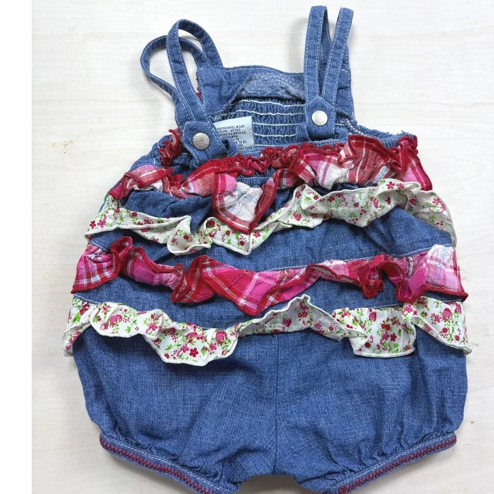 Vintage Faded Glory Baby Denim Ruffle Back Romper Sweet Berry Strawberry 0-3M
